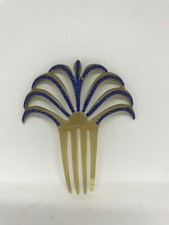 Vintage Early Art Deco Amber Celluloid Fan Hair Comb With Blue Rhinestone's