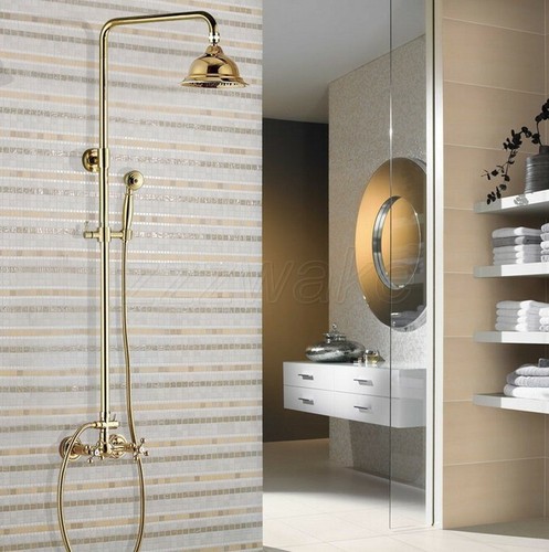 Bathroom Golden Rain Shower Set Wall Mounted Shower Faucet with Hand Sprayer - Picture 7 of 7