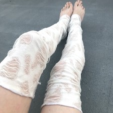 White Mummy Leg Warmers Knee Socks Zombie Halloween Pants Goth Bride Ripped Psy