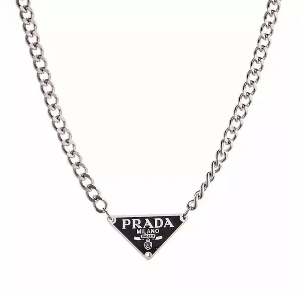 Prada Triangle Logo Repurposed Necklace Black Silver Triangle Logo