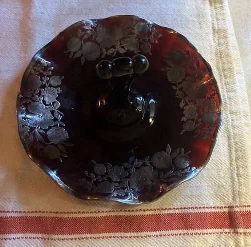 Black Amethyst Depression Glass Tidbit Tray Sterling Silver Overlay Rose Red VTG