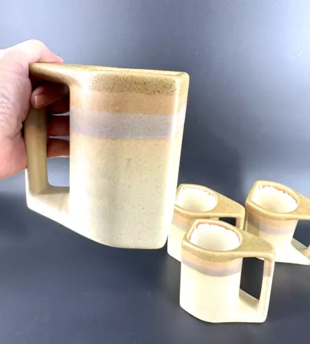 Vintage PADILLA Pottery SIGNED LOT Of 4 Pale Beige Drip Glaze Coffee Mug Cup Set