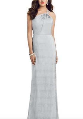 Silver Evening Gown. Dessy Collection. Size M. Silver Soho Metallic One-Shoulder