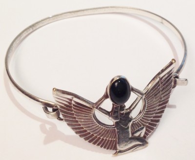 Bracelet Rigide Vintage Argenté Avec Cabochon Onyx Noir - Déco Femme, Modèle 4563