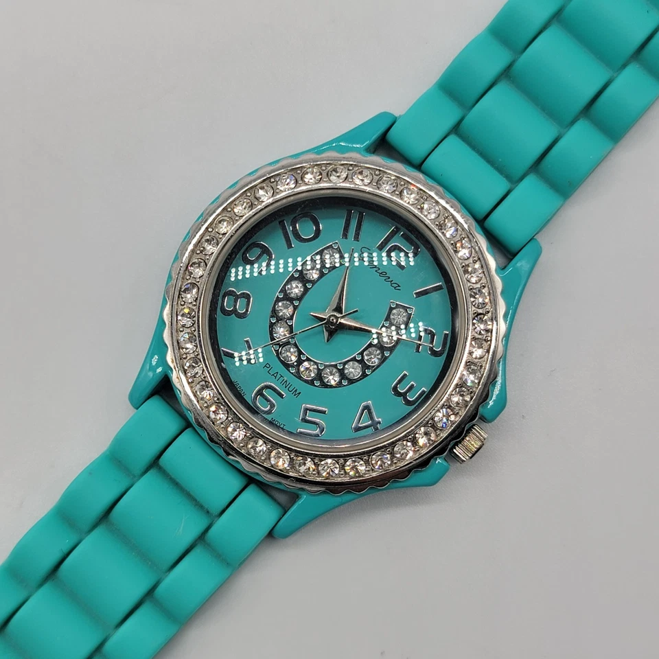 Reloj Geneva Platino 38mm Bisel Cristal Azul Menta Banda Silicona Batería Nueva * Foto 3 de 4