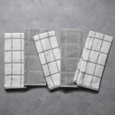 Kitchen Towels, Gray White Windowpane, 5 Pack Set