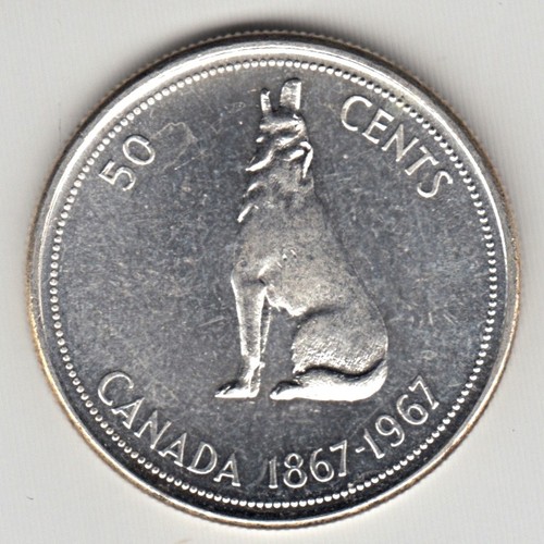 Canada 50 Cents Silver Coin 1967 Circulated Elizabeth II Centennial Howling Wolf
