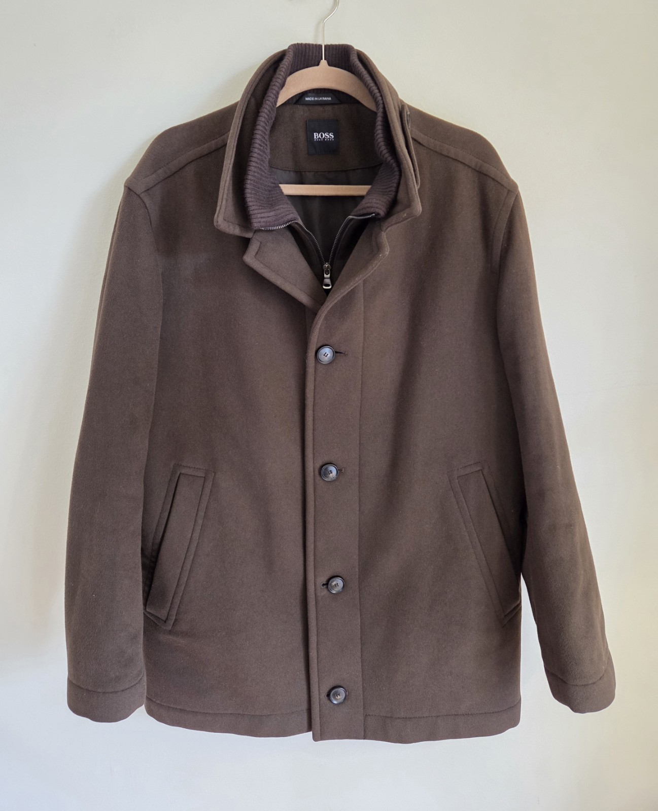 Hugo Boss Brown Wool Cashmere Blend Peacoat Overcoat Jacket Men's 42R Inner Zip