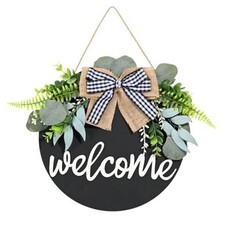 Welcome Wood sign Eucalyptus Farmhouse Wreath Rustic Buffalo Bow Front Porch.
