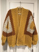 Handmade Crochet Granny Square One Size Cozy Cardigan Boho Chunky Knit Sweater