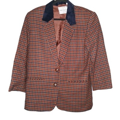 RAZZLE DAZZLE Plaid Blazer Jacket Size 7/8 Wool Blend Brown Velvet Collar 1980s 