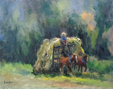 Oil Painting Horses Hay Cart Boy Farm Harvest Landscape ORIGINAL OOAK by Donalee