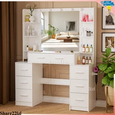 Makeup Vanity Set Large LED Lighted Mirror Dressing Table Desk w/ Drawer Dresser