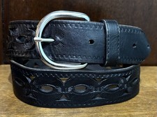 VTG Lucky Brand Black Embossed Leather Belt Sz 30 1.5  Wide Die Cut Read Desc