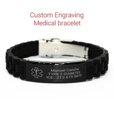 Medical Alert ID Men Bracelet Black Silicone Wristband Armband Custom Engraving