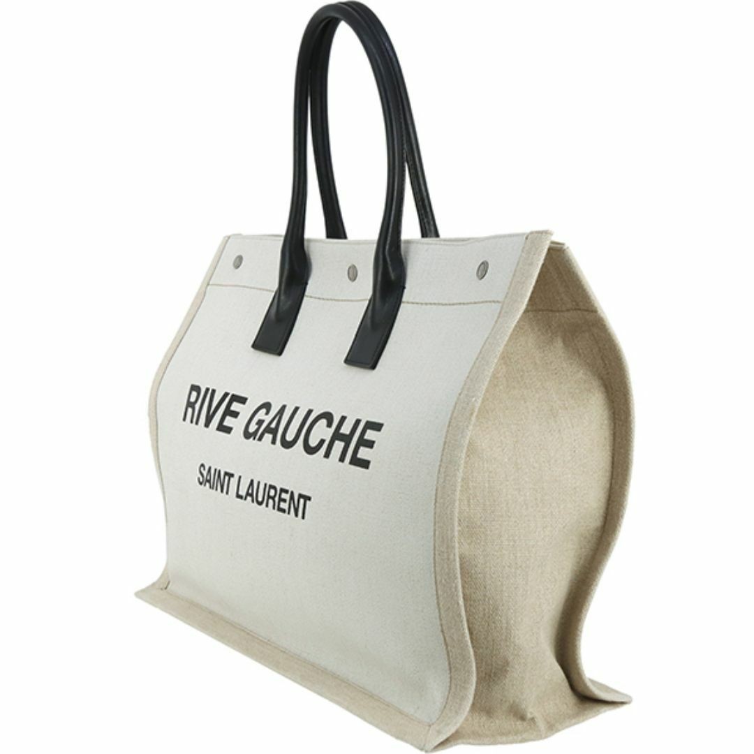 Saint Laurent Tote Bag Shopping Rivgauche Cotone Tela Pelle Bianco Naturale Bl