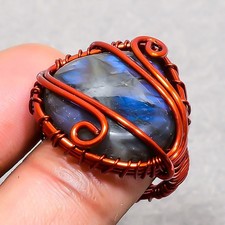 Blue Fire Labradorite Gemstone Handmade Wire Wrap Copper Jewelry Ring 6" PG 810