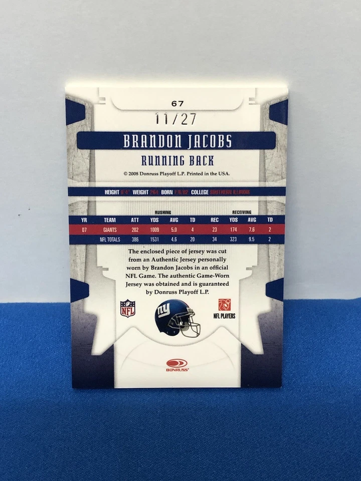 2008 Leaf Limited Threads Prime Jersey Number Brandon Jacobs 2clr Patch 11/27 - Image 4 of 4