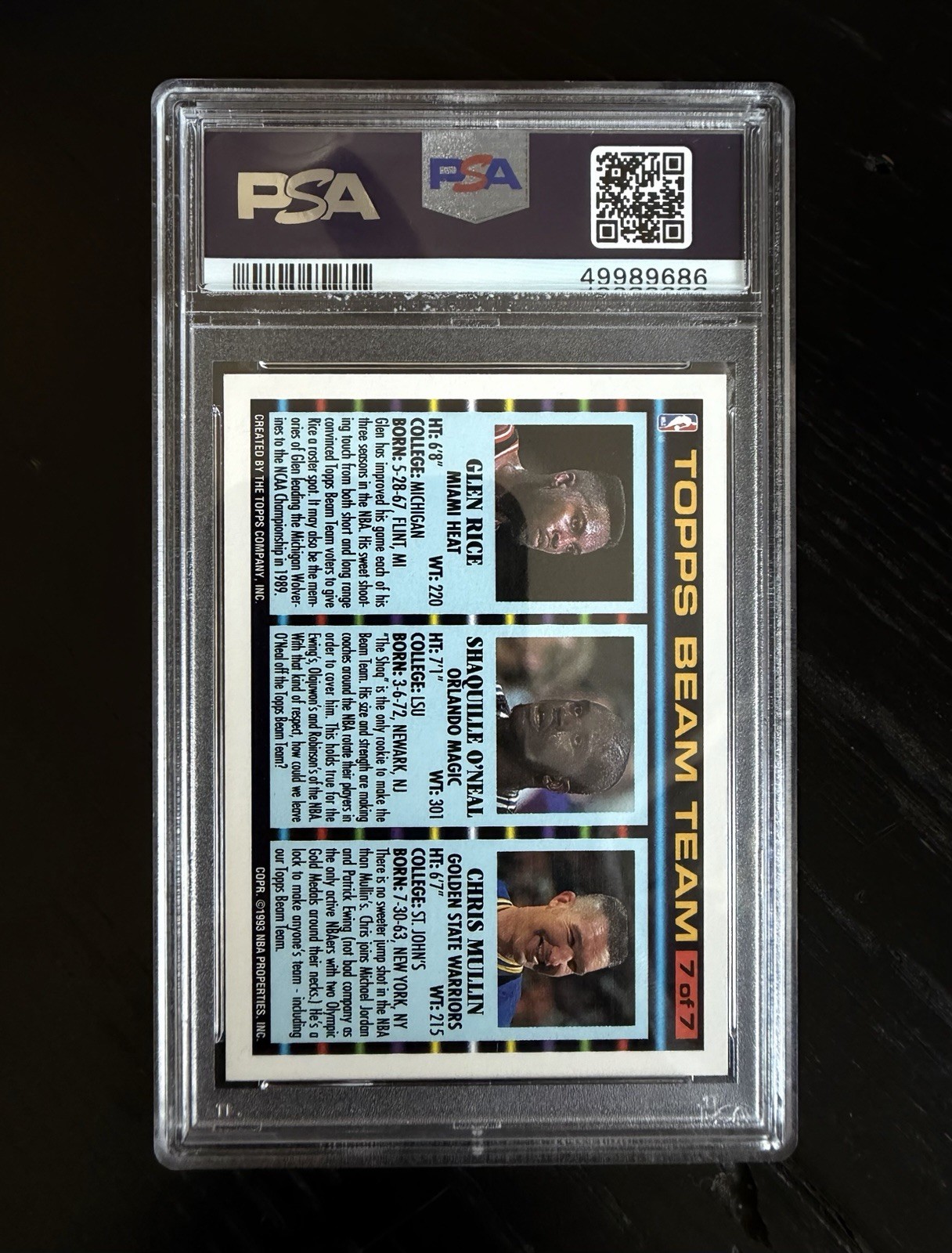 1992-93 Topps Beam Team #7 Shaquille O’Neal / Mullin / Rice PSA 10 GEM MINT RC view 2