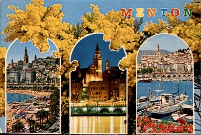Menton France Multi-View Postcard Mimosa Flowers Beach Night Harbor Chrome