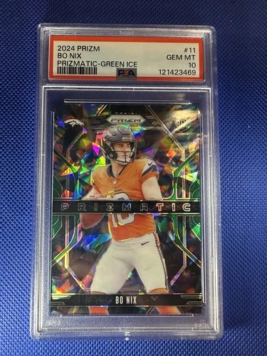 Bo Nix ROOKIE-2024 Panini Prizm Prizmatic Green Ice🔥PSA 10 Gem Mint🔥Broncos QB