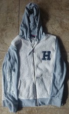 Tommy Hilfiger White Gray Faux Sherpa Fleece Full Zip Jacket Hoodie size M VGUC