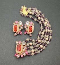 Alice Caviness Vintage Bracelet & Earrings Springtime Purple, Pearl, Clear Set