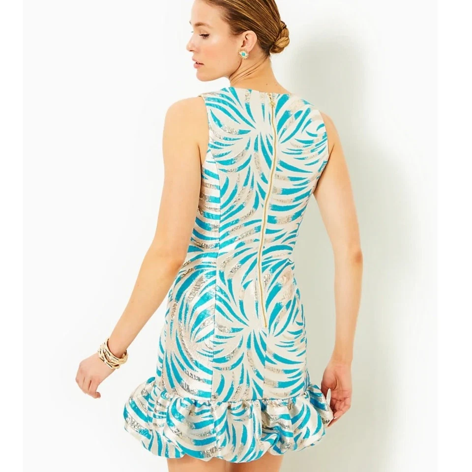 Lilly Pulitzer Faylinn Shift 连衣裙蓝色浅绿色锦缎无袖金属色,尺寸 2 — 第 2/4 张图片