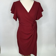 NEW Dress Deep V-Neck Ruffle Sheath Faux Wrap Sleeve Red XL Wrinkle Resistant