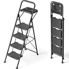 4 Step Ladder with Tool Platform, Sturdy Step Stool, Anti-Slip Wide Pedals, H...