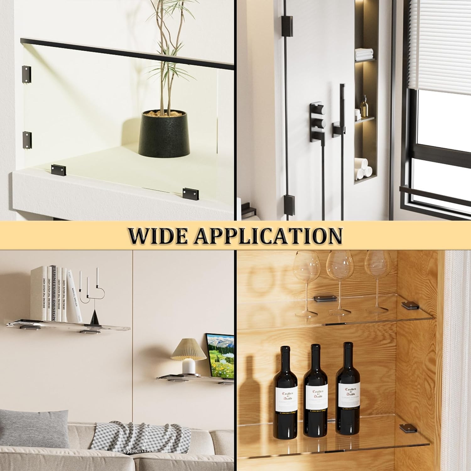 Alise Glass Shelf Brackets 2Pcs, Adjustable Shower Rectangle, Black 