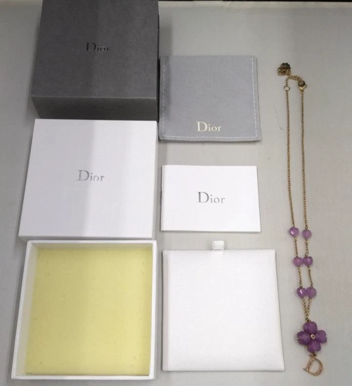 Collana Christian Dior viola quadrifoglio fiore logo D tono oro pendente con scatola