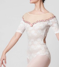 Aurora Leotard - Lace Short Sleeves Leotard with Rose Neckline