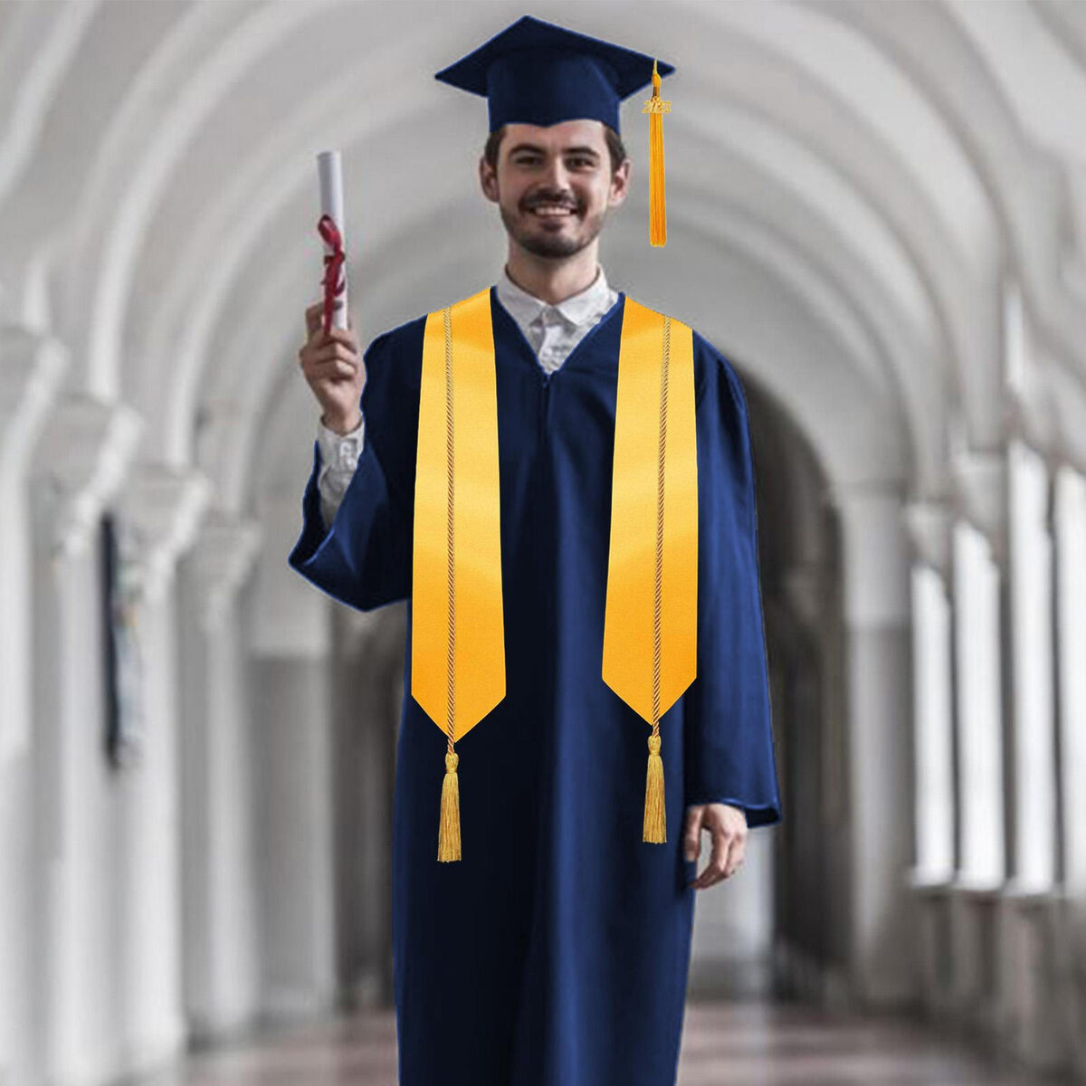White Stole & Yellow Piping with Black Front Open Gown and Cap – Mera  Convocation
