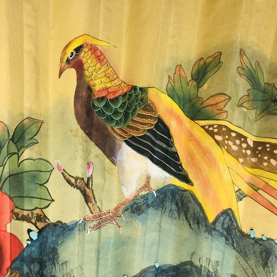 ENORME 62” Ventilador Dobrável Chinês Pintado à Mão Papel de Arroz Faisão Rosa Vermelha Floral - Imagem 4 de 4