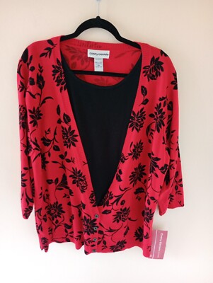 New Cathy Daniels Sweater Women's Plus Size 2X Attached Top Pullover Floral Red