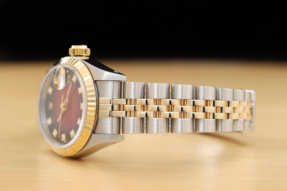ROLEX DATEJUST 69173 RED VIGNETTE FACTORY DIAMOND DIAL 18K GOLD