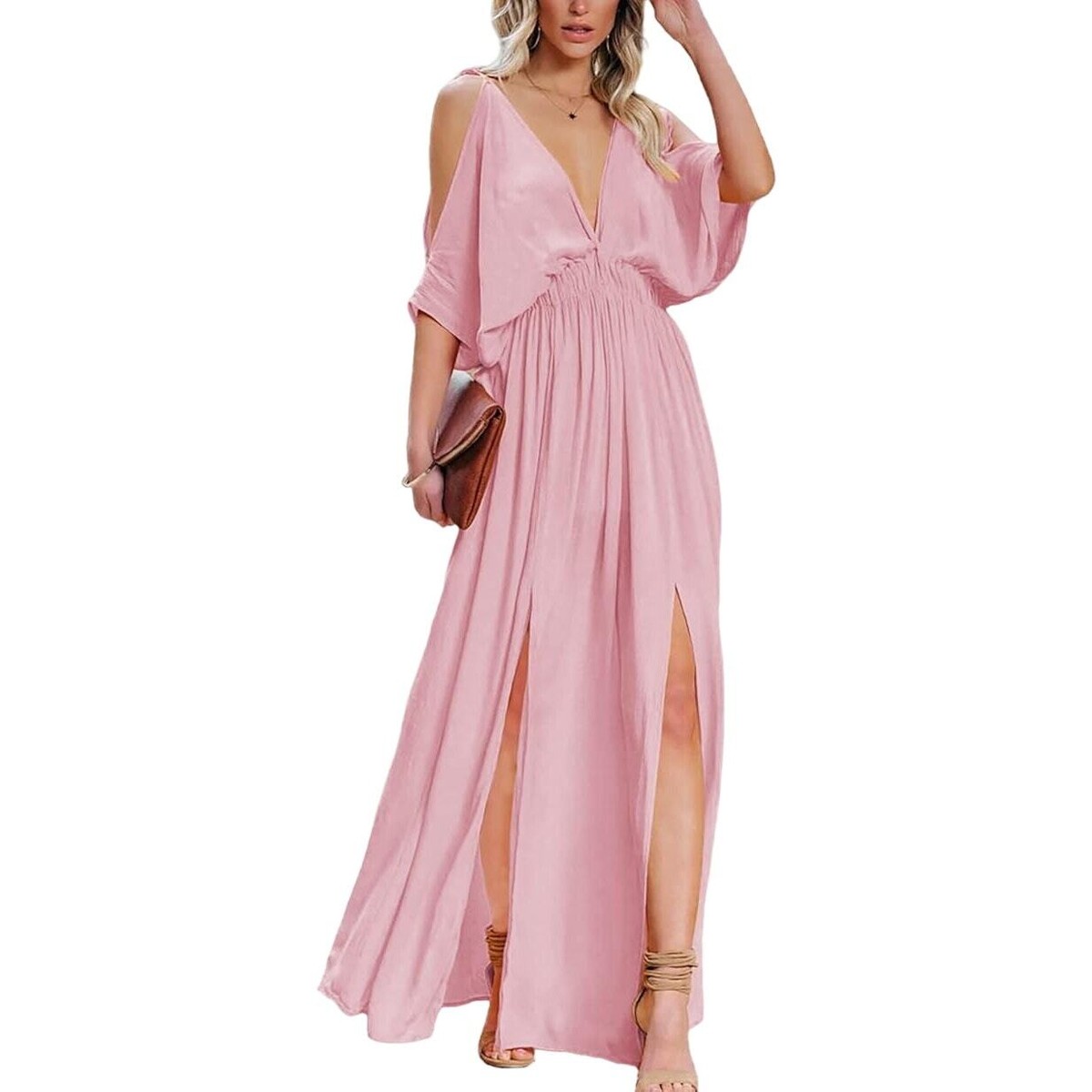 DEEPSELF Women Summer V Neck Cold Shoulder Short Sleeve Maxi Dress High  Waist S | eBay