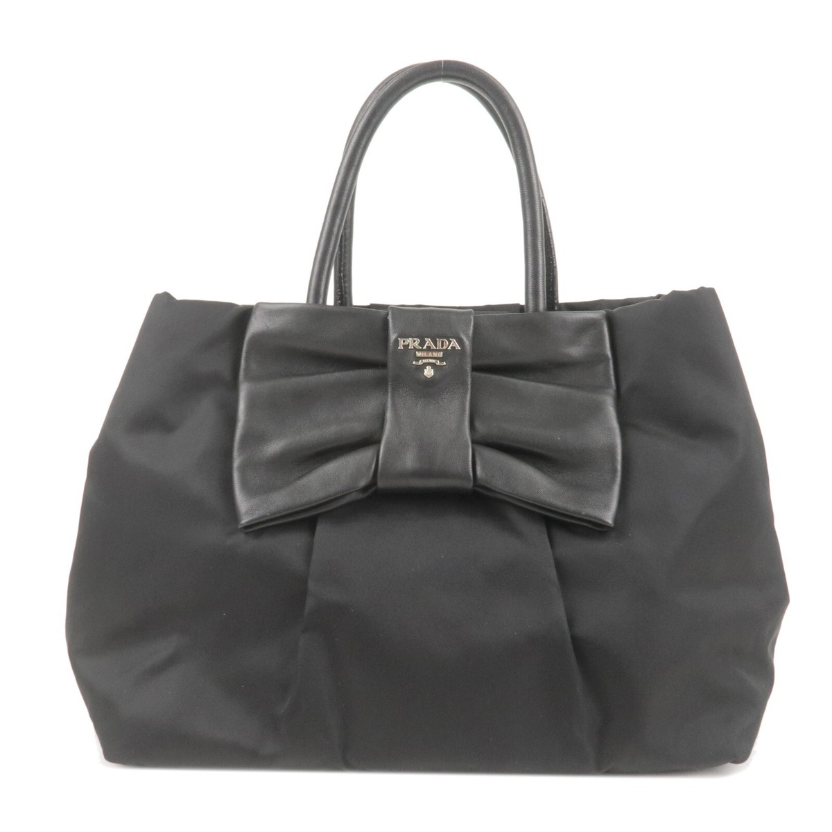 PRADA Logo Ribbon Tote Bag Black NERO Nylon Leather BN1601 Auth 