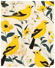 Yellow Birds w Flowers French Pochoir Stencil * Quality Art Print * PRiNTOPiA