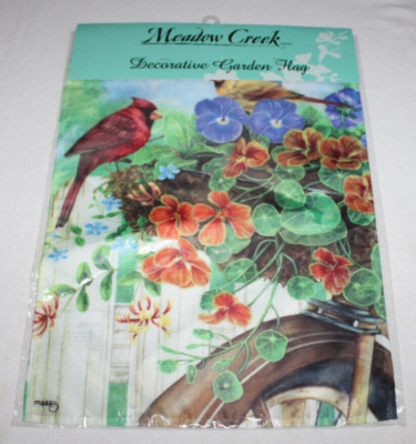 Meadow Creek Decorative Garden Flag robin flowers bike 18''x12.5'' NEW