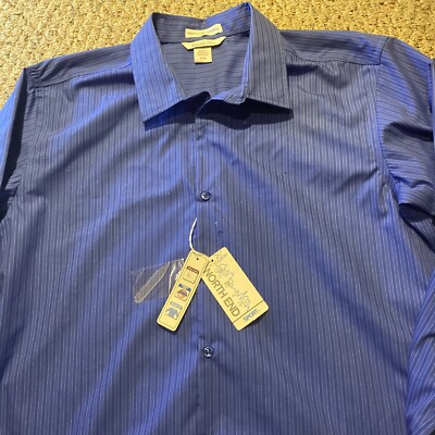NWT NEW North End Sport Mens L Button Front Blue Shirt Wrinkle Free 100% Cotton