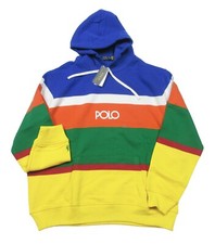 Polo Ralph Lauren Men's Blue Multi Colorblock Logo Fleece Pullover Hoodie XS