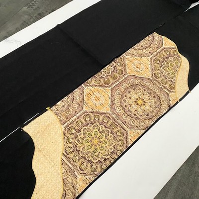 Buddhism #Eset 3.2yd LONG Hand Painted Tomesode Black Silk Japanese Fabric ToF87