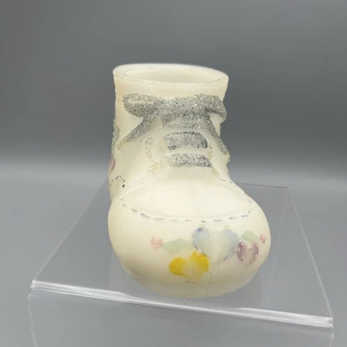 Vintage Fenton Hand Painted Satin Glass Baby Shoe Bootie Signed