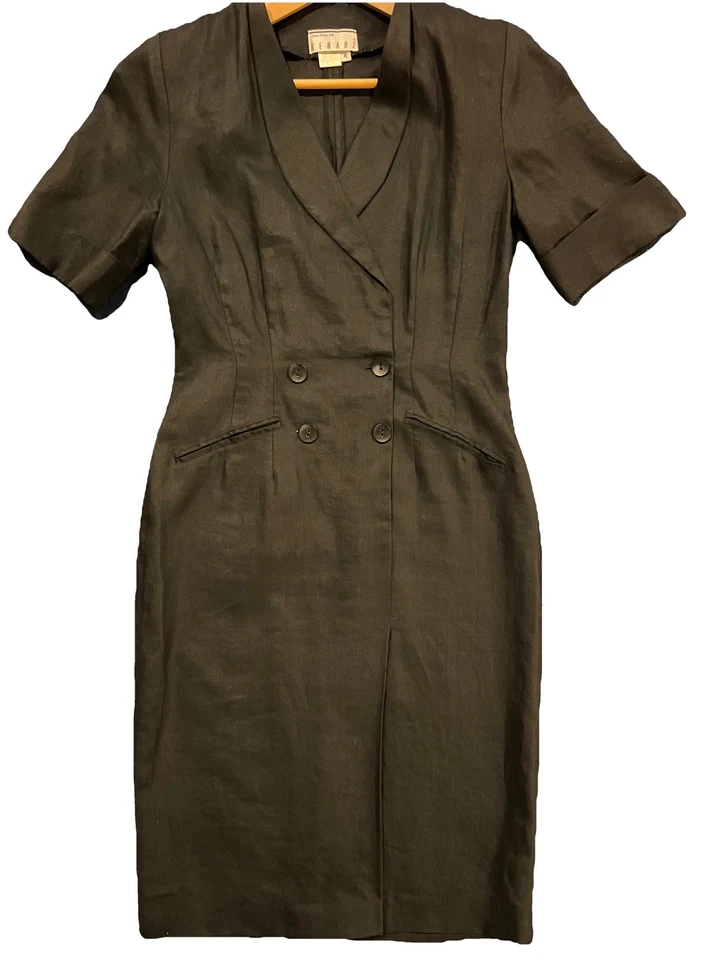 Vestido negro vintage de lino doble botonadura con hombreras   Foto 2 de 4