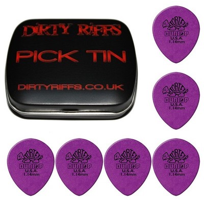 6 x Dunlop Tortex Teardrop 1,14 mm Gitarren-Plektren/Gitarrenplektren in einer Plektrum-Dose