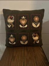 Wool Dark Green Felt Handstitched Appliqués Accent Pillow 14x14 Folk Style Xmas