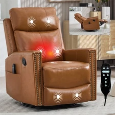 Genuine Leather Heat Massage Manual Recliner Chair with Rocker and Swivel 