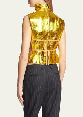 Metallic Gold Dries Van Noten Larma Leather High-Neck Crop Top